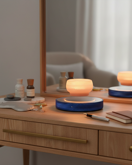 Magnetic levitation aromatherapy diffuser, with a soft orange glow encircling a blue-veined base. Placed before the vanity mirror, it complements skincare product displays with an elegant, serene, and sophisticated aesthetic