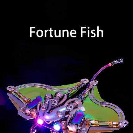 Fortune Fish" metallic 3D puzzle / maquette en métal with iridescent wings and glowing features, a unique metal model kit for collectors.