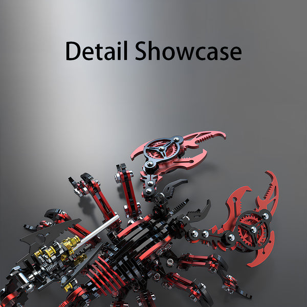Detail Showcase of Black-and-Red Scorpion DIY 3D Puzzle Metal Kits - Close-up view of the metal model’s intricate gear structures, movable red pincers, and precision screw joints. This detailed mechanical metal puzzle component highlights the kit’s craftsmanship, ideal for assembling a lifelike decor piece that adds personality to any funny table.