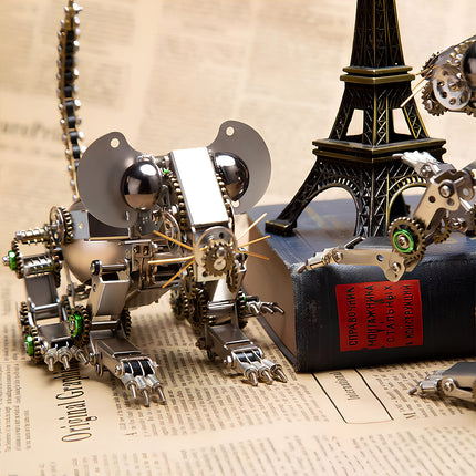 Steampunk puzzle mouse metal model alongside a miniature Eiffel Tower, illustrating a mechanical steampunk scene, a charming 3D puzzle from Metal Kits, suitable for desktop display.