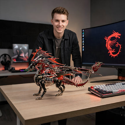 Impressive red steam punk mech dragon sculpture on a wooden desk, showcasing high-end metal model craftsmanship for gamers.