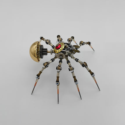 Striking steampunk spider 3D puzzle metal kit with a gleaming golden abdomen and intricate mechanical legs, displayed on a clean white background. This mechanical steampunk creation is a perfect desk decoration.