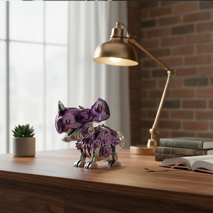 A stylish purple metal dragon model with translucent panels and visible gears stands on a premium wooden desk, flanked by a vintage brass lamp, a stack of books, and a small potted succulent. This elegant metal model is a sophisticated DIY project from our 3D assembly metal kits, serving as a refined yet playful desktop ornament.