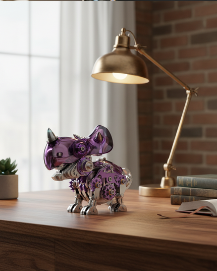 A stylish purple metal dragon model with translucent panels and visible gears stands on a premium wooden desk, flanked by a vintage brass lamp, a stack of books, and a small potted succulent. This elegant metal model is a sophisticated DIY project from our 3D assembly metal kits, serving as a refined yet playful desktop ornament.