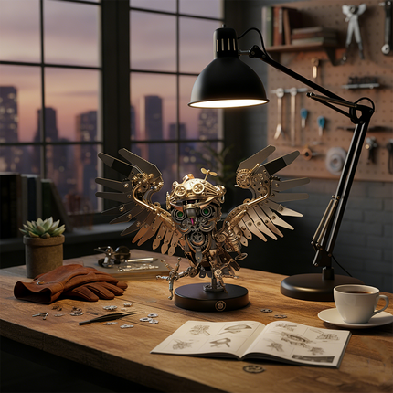 A magnificent steampunk mech owl maquette en metal with spread wings, prominently displayed on a wooden workbench. This intricate 3D metal model kit is surrounded by assembly tools, a cup of coffee, and an instruction manual, offering a rewarding steampunk puzzle.