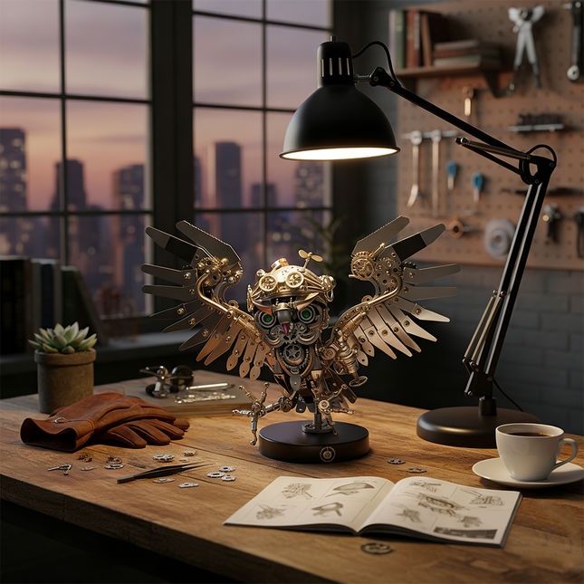 A magnificent steampunk mech owl maquette en metal with spread wings, prominently displayed on a wooden workbench. This intricate 3D metal model kit is surrounded by assembly tools, a cup of coffee, and an instruction manual, offering a rewarding steampunk puzzle.