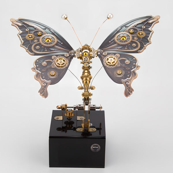 Front view of an assembled steampunk butterfly metal model on its stand, a magnificent funny table ornament. This DIY 3D puzzle metal kit is a masterpiece of mechanical art and perfect for display