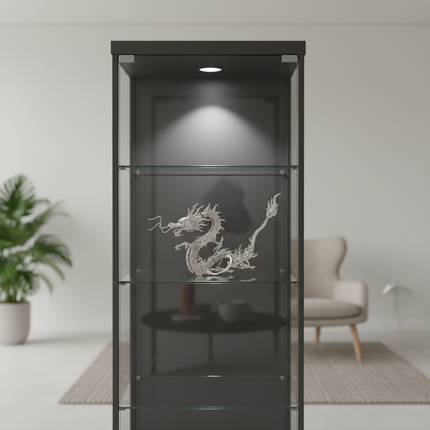  A stunning Chinese dragon 3D puzzle metal model, a finished DIY metal kit, elegantly showcased in a lit display cabinet in a modern living space. This metal model serves as an impressive and funny table art piece.