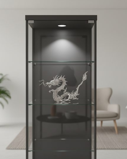  A stunning Chinese dragon 3D puzzle metal model, a finished DIY metal kit, elegantly showcased in a lit display cabinet in a modern living space. This metal model serves as an impressive and funny table art piece.