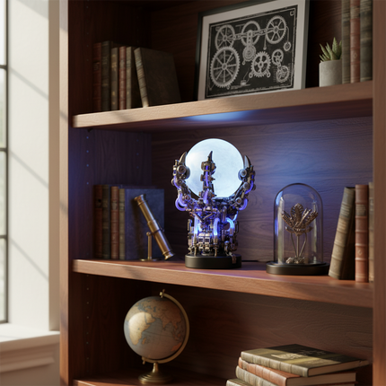 A glowing dragon claw lamp metal model, a unique DIY 3D assembly metal kit, displayed on a wooden bookshelf amidst books and vintage decor, adds a futuristic touch to any fun desk or shelf.