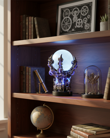 A glowing dragon claw lamp metal model, a unique DIY 3D assembly metal kit, displayed on a wooden bookshelf amidst books and vintage decor, adds a futuristic touch to any fun desk or shelf.