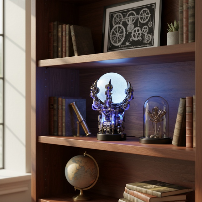 A glowing dragon claw lamp metal model, a unique DIY 3D assembly metal kit, displayed on a wooden bookshelf amidst books and vintage decor, adds a futuristic touch to any fun desk or shelf.