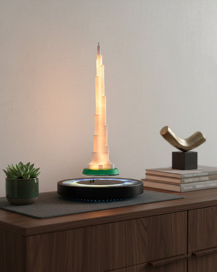 Maglev skyscraper lamps perched atop wooden storage cabinets, flanked by succulent plants and abstract sculptures—modern magnetic levitation home decor