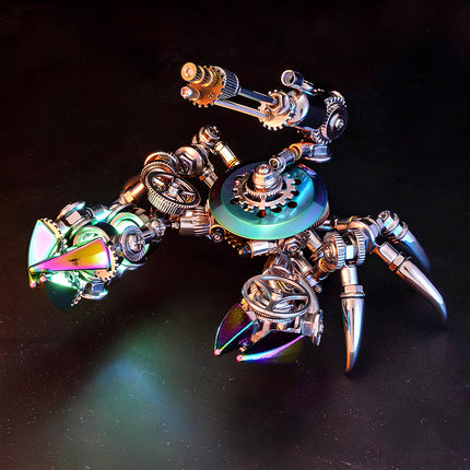  Intricate mechanical crab metal model with iridescent shell and glowing elements, a detailed 3D puzzle for mechanical steampunk collectors.