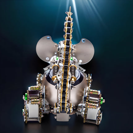Rear view of a mechanical mouse metal model kit, highlighting its segmented tail, detailed gears, and robust metallic construction. This metallic 3D puzzle is a marvel of miniature engineering.
