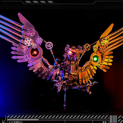 Symmetrical metal model kit owl with contrasting colored wings and glowing eyes, a stunning metallic 3D puzzle that highlights complex mechanical metal artistry.