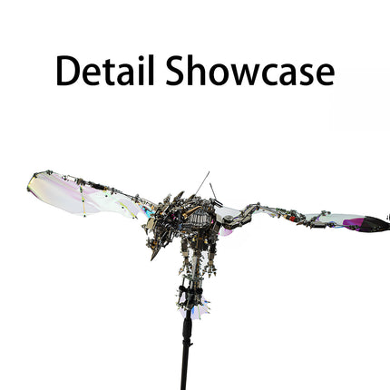 A "Detail Showcase" presenting the intricate mechanical body and expansive, iridescent wings of the DIY 3D puzzle dragon Metal Kit, designed to be a captivating funny table display.