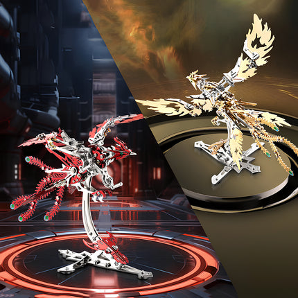  A split image showing two mechanical phoenix metal model kits: one in dynamic red and silver, and another in elegant gold and silver, both intricate metallic 3D puzzles.
