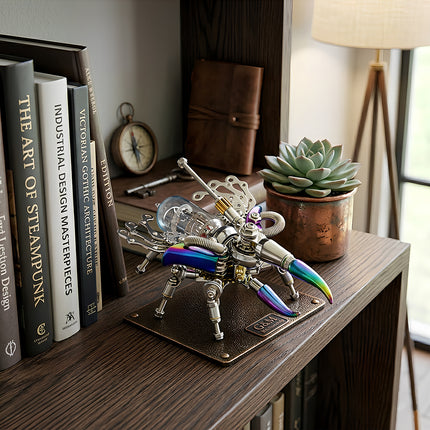  A meticulously crafted colorful metal insect 3d puzzle, displayed on a bookshelf alongside books on industrial design and steampunk, showcasing a unique metal model for any funny table or desk decor from tablefunny.com.
