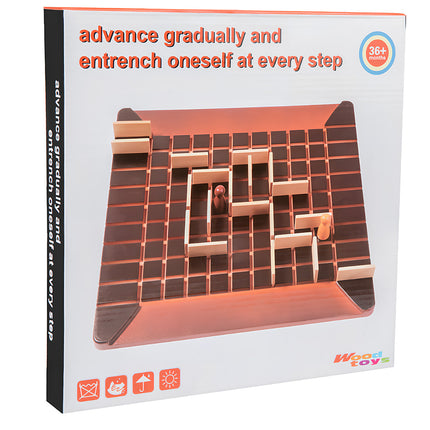 The packaging for a maze board game titled "advance gradually and entrench oneself at every step," suitable for ages 36+ months. This engaging and funny table game is designed for strategic thinking and offers hours of entertainment, perfect for family game nights or as a fun activity on any funny table