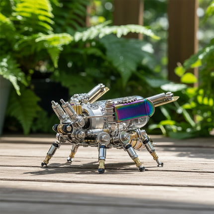 An elaborate steampunk mech insect maquette en metal with vibrant iridescent accents, meticulously crafted as a 3D metal model kit. It's displayed outdoors on a wooden deck, surrounded by lush green foliage, making it a captivating steampunk puzzle.