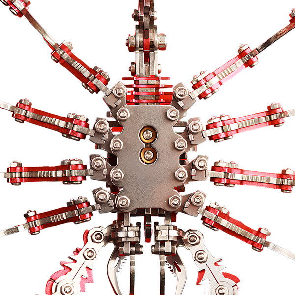 Detailed macro shots of the red **maquette en metal** scorpion, highlighting the vibrant red coating and stainless steel structure of this DIY **puzzle métallique 3d**.