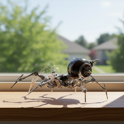  A finished metallic spider model with a glossy black body and intricate silver legs, standing proudly on a wooden windowsill with a sunlit outdoor scene in the background. This impressive metal model is the satisfying result of a DIY project from our 3D puzzle metal kits, perfect for a unique and funny table or window display.