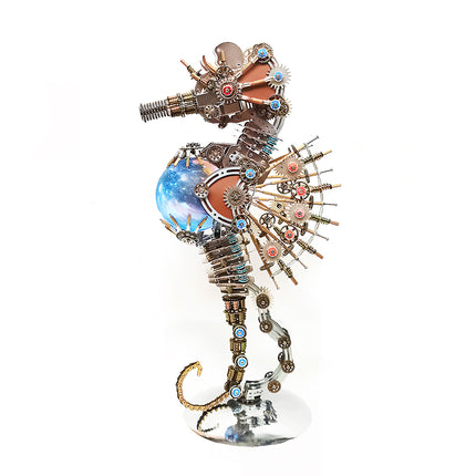 Advanced **metal model kit** of a mechanical seahorse, offering a gear-heavy assembly challenge similar to a **3D truck puzzle**.