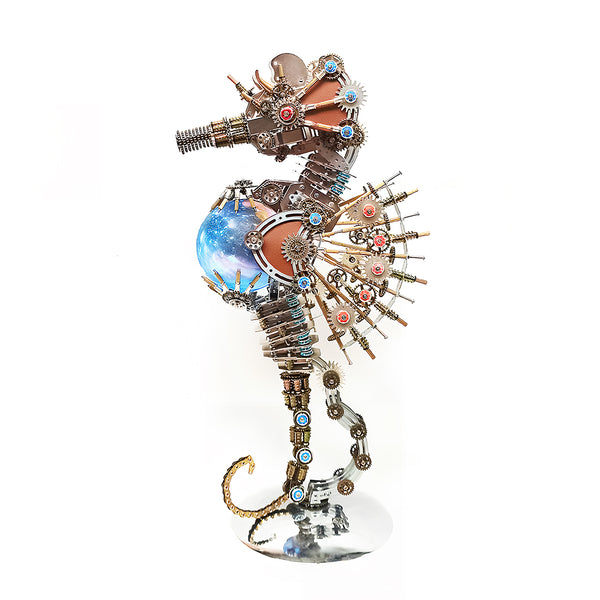 Advanced **metal model kit** of a mechanical seahorse, offering a gear-heavy assembly challenge similar to a **3D truck puzzle**.