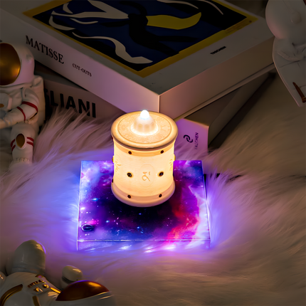 Floating incense burner with magnetic levitation, surrounded by space-themed décor and emitting a calming fragrance, perfect for a relaxing ambiance
