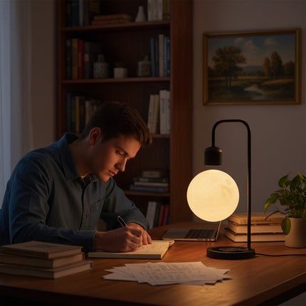 Teenage boy doing homework at a study desk lit by a floating magnetic levitation moon lamp suspended under a black lamp arm above a wood-grain Qi charging base