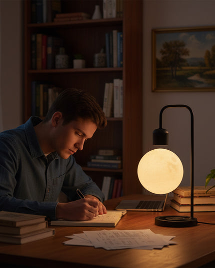 Teenage boy doing homework at a study desk lit by a floating magnetic levitation moon lamp suspended under a black lamp arm above a wood-grain Qi charging base