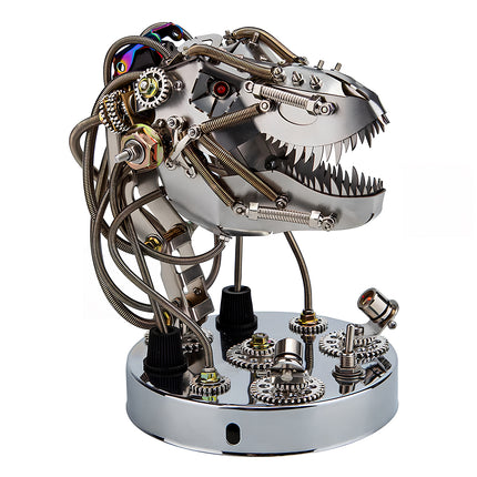 Steampunk puzzle T-Rex head metal model with exposed mechanics and sharp teeth, a striking mechanical steampunk desk ornament, perfect for 3D puzzle Metal Kits collectors.
