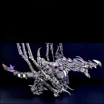 Side view of a silver mechanical steampunk dragon metal model, featuring iridescent accents, sharp claws, and intricate internal mechanisms, a complex steam punk mech 3D puzzle from Metal Kits.