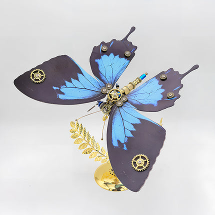 A vibrant steampunk puzzle, this mechanical butterfly features striking blue and black wings adorned with small gears, gracefully perched on a golden stand. As a meticulously crafted metal model, it perfectly embodies sophisticated mechanical steampunk artistry. This piece serves as an excellent 3D puzzle Metal Kit for hobbyists or a captivating steampunk mech display, adding a touch of industrial elegance to any space.