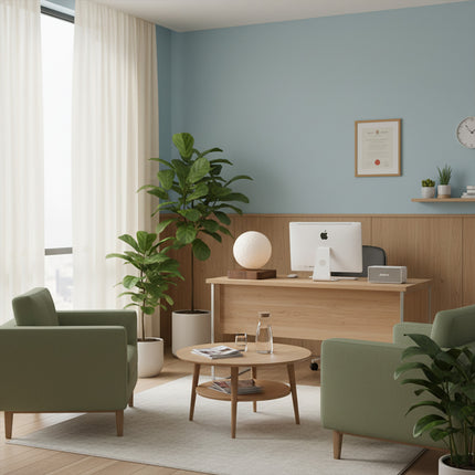 A bright home office and reception area features a magnetic levitation moon lamp floating atop a wood-grain base on the desk, surrounded by green armchairs and a round coffee table
