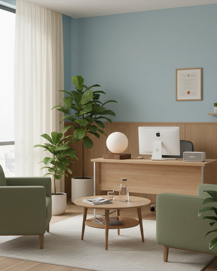 A bright home office and reception area features a magnetic levitation moon lamp floating atop a wood-grain base on the desk, surrounded by green armchairs and a round coffee table