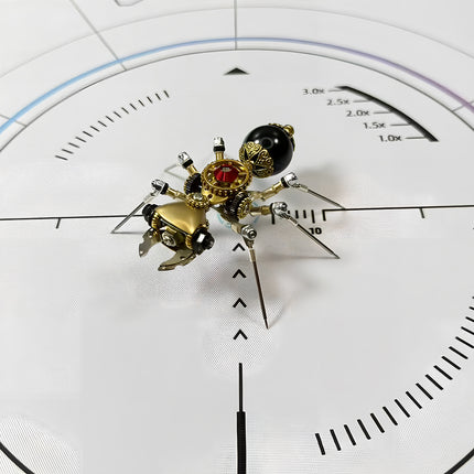  Close-up of an assembled 3D puzzle metal kit depicting a steampunk ant, showcasing its detailed construction, individual components, and a blend of brass and dark tones.