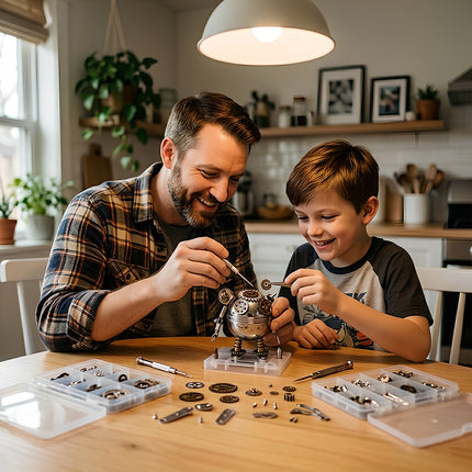 Father and son bonding over a DIY steampunk puzzle, building a unique 3D puzzle Metal Kits robot together at home.