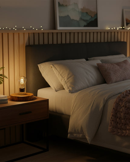 A cozy bedroom scene: A warm yellow glow emanates from a magnetic levitation bulb resting on a wood-grain magnetic levitation base atop the nightstand, flanked by succulent plants and decorative string lights — a modern anti-gravity bedside ambiance lamp