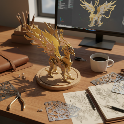 A majestic gold-plated metal model kit displayed on a wooden base, surrounded by DIY tools, design blueprints, and a computer screen showing 3D model designs. This intricate 3D puzzle offers enthusiasts a rewarding building experience, resulting in a stunning metal model and an intriguing desktop conversation piece for any hobby space