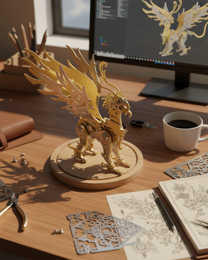 A majestic gold-plated metal model kit displayed on a wooden base, surrounded by DIY tools, design blueprints, and a computer screen showing 3D model designs. This intricate 3D puzzle offers enthusiasts a rewarding building experience, resulting in a stunning metal model and an intriguing desktop conversation piece for any hobby space