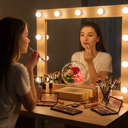 Woman applying lipstick at a vanity mirror with a magnetic levitation glass floral orb floating above a wooden base on the makeup table – modern vanity décor accessory