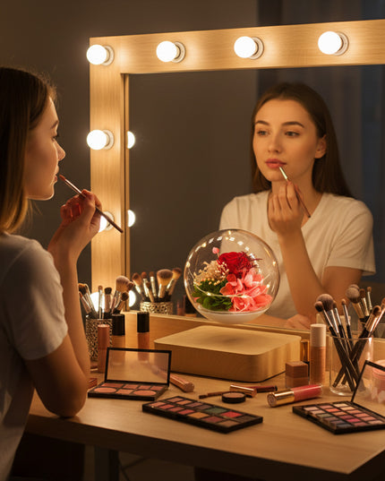 Woman applying lipstick at a vanity mirror with a magnetic levitation glass floral orb floating above a wooden base on the makeup table – modern vanity décor accessory