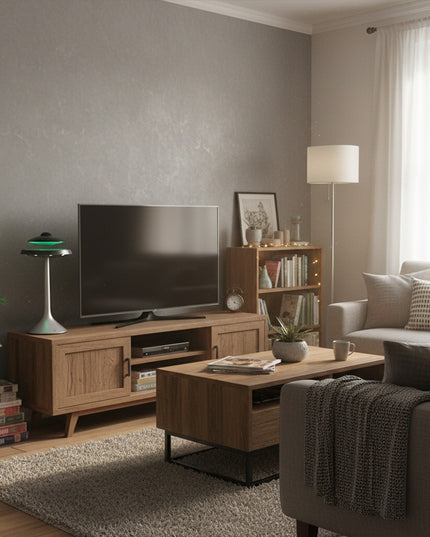 The magnetic levitation Bluetooth speaker rests atop a silver pillar base with a green halo, placed on the TV stand within a cozy living room