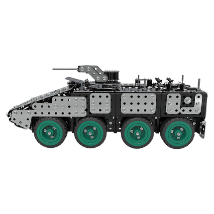 Detailed DIY metal model of an armored vehicle with green wheels, perfect as a unique and funny table display. This 3D puzzle Metal Kits offers a challenging and rewarding metal model building experience