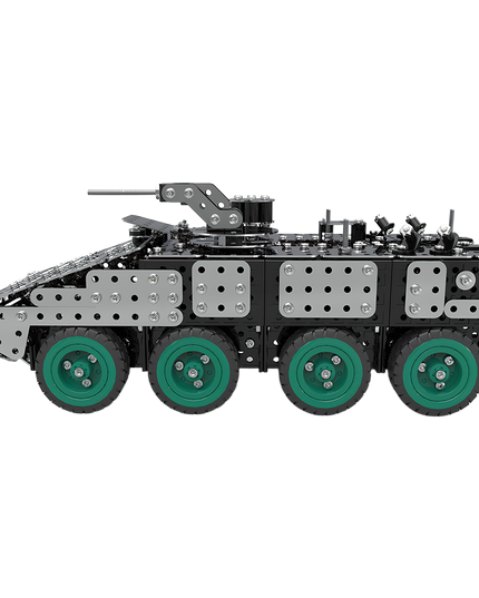 Detailed DIY metal model of an armored vehicle with green wheels, perfect as a unique and funny table display. This 3D puzzle Metal Kits offers a challenging and rewarding metal model building experience