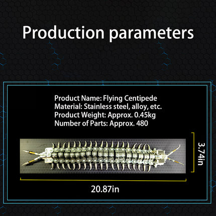 Production parameters of mechanical centipede 3D puzzle metal kit: 0.45kg weight, detailed specs for product page, ideal for DIY craft collection