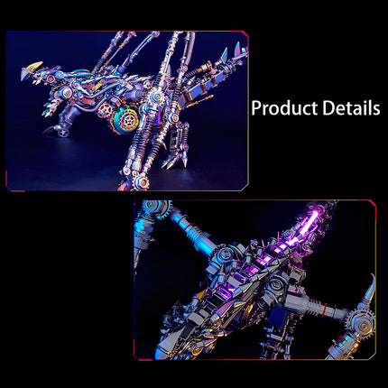 Further product details of the mechanical spirit dragon metal model kit, highlighting its vibrant, iridescent metallic surface and glowing internal mechanisms from various angles. An intricate metal mechanical puzzle for advanced builders.