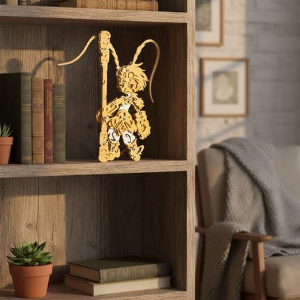 Gold and silver metal model of the Monkey King, displayed as an intriguing funny table accent on a wooden bookshelf in a cozy living space. This DIY 3D puzzle metal model adds a touch of adventure to any home decor.